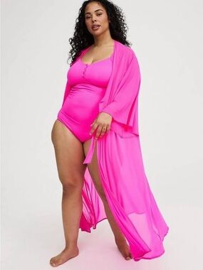 Torrid Plus Size Hot Pink One-Piece Swimsuit with Sheer Cover-Up